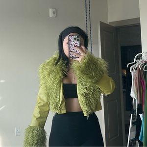 Faux fur trimmed cropped faux leather jacket